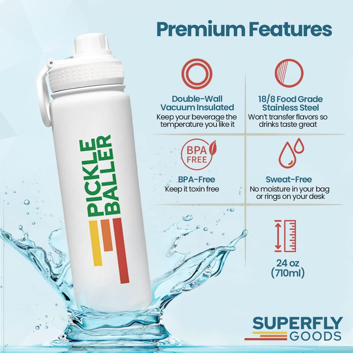 Pickle Baller Stainless 24 oz Water Bottle Pickleball